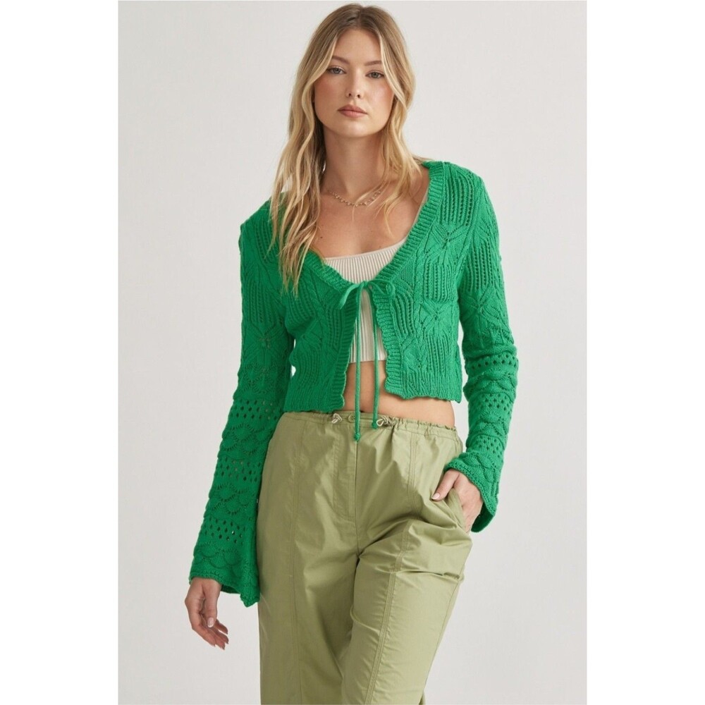 Entro Green Crochet Knit Cropped Cardigan Tie Front Bell Sleeve Boho Top M